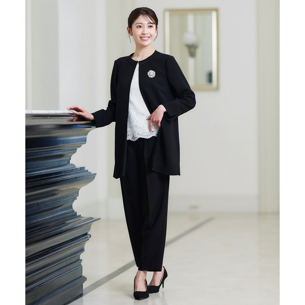 【喪服・礼服】<夏対応>前開き3WAYノーカラーロングジャケット+ストレートパンツスーツ 大きいサイズ23
