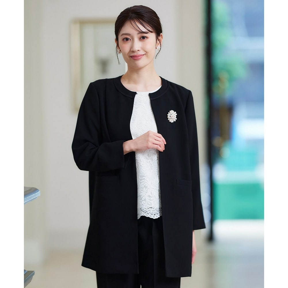【喪服・礼服】<夏対応>前開き3WAYノーカラーロングジャケット+ストレートパンツスーツ 大きいサイズ24