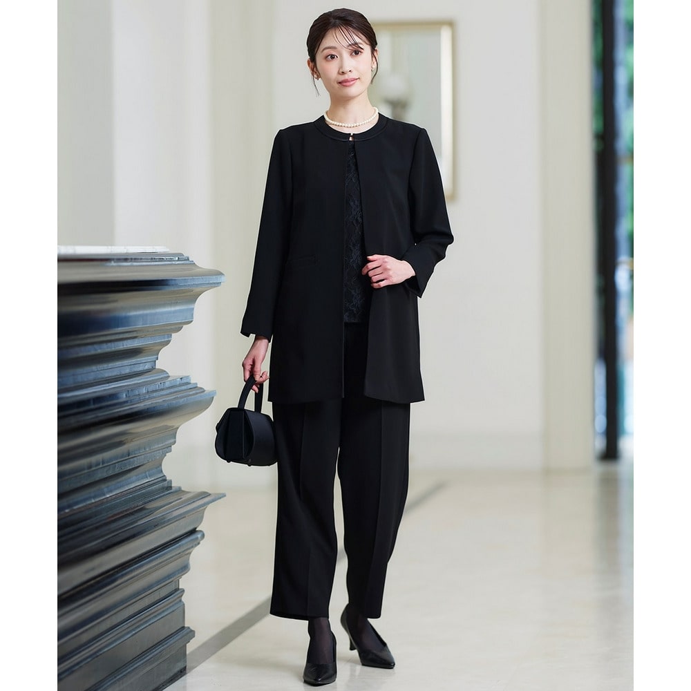 【喪服・礼服】<夏対応>前開き3WAYノーカラーロングジャケット+ストレートパンツスーツ 大きいサイズ1