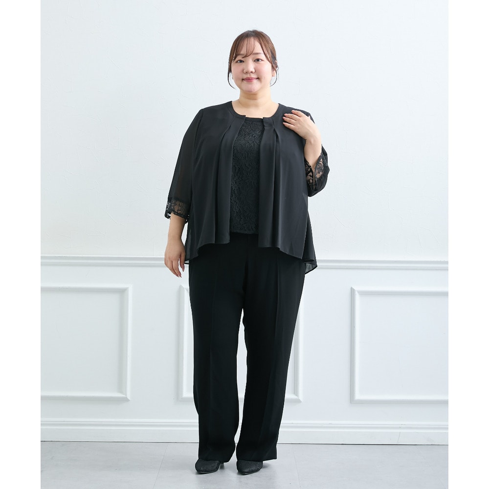 【喪服・礼服】<夏対応>胸当て付ノーカラージャケット+ワイドパンツスーツ 大きいサイズ12