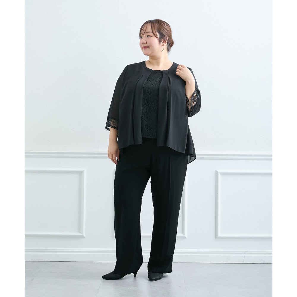 【喪服・礼服】<夏対応>胸当て付ノーカラージャケット+ワイドパンツスーツ 大きいサイズ13
