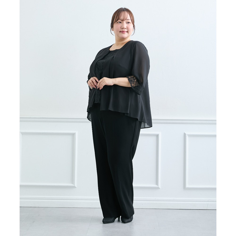 【喪服・礼服】<夏対応>胸当て付ノーカラージャケット+ワイドパンツスーツ 大きいサイズ16