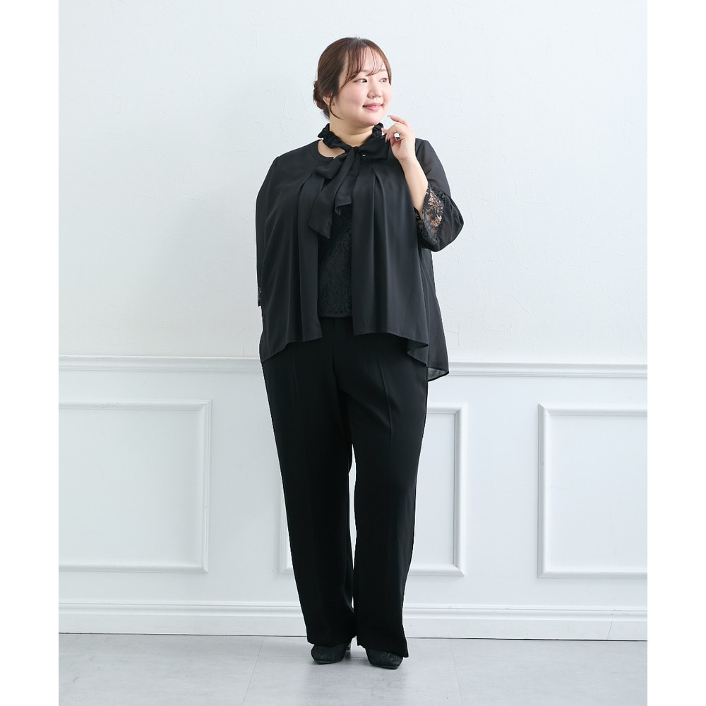 【喪服・礼服】<夏対応>胸当て付ノーカラージャケット+ワイドパンツスーツ 大きいサイズ17