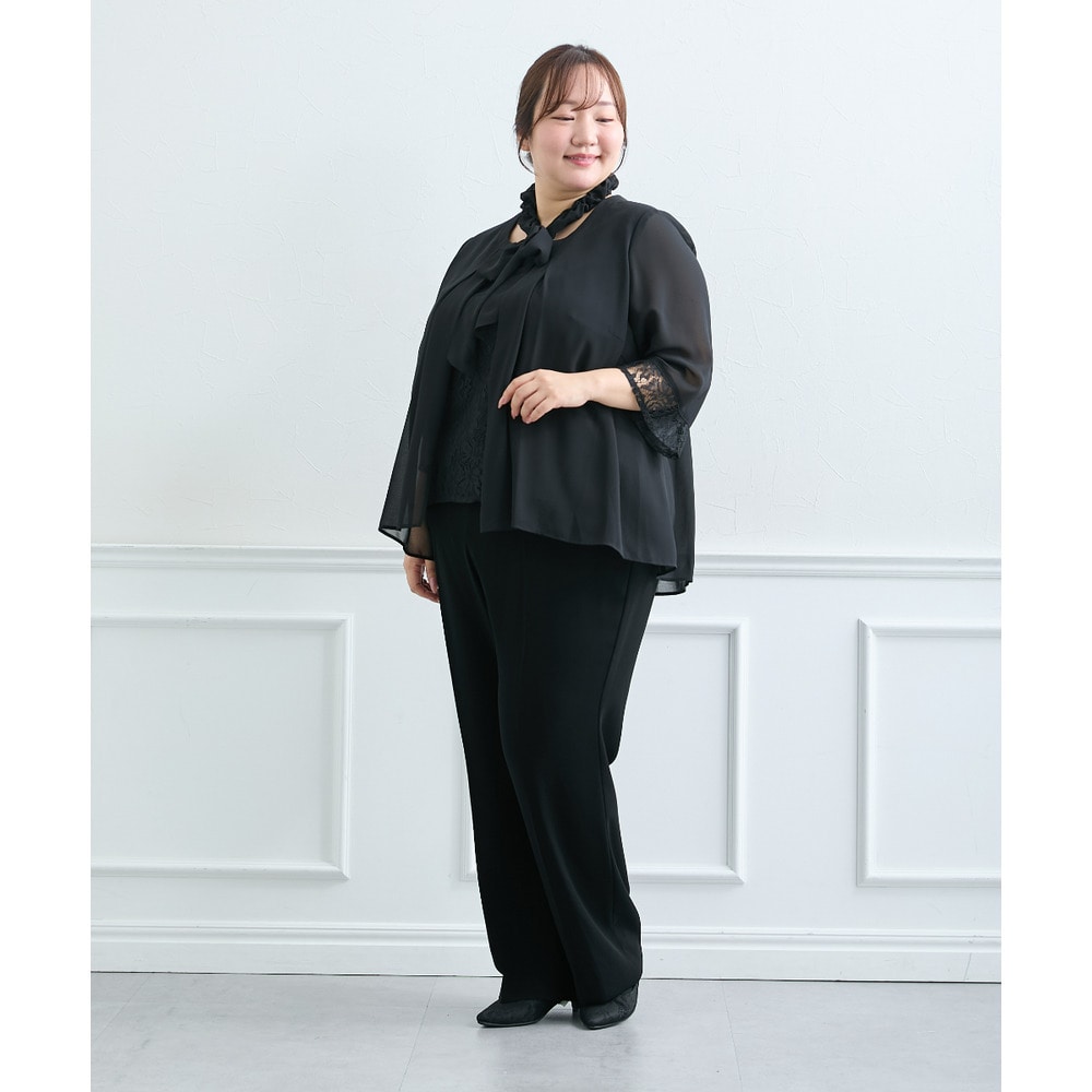 【喪服・礼服】<夏対応>胸当て付ノーカラージャケット+ワイドパンツスーツ 大きいサイズ18