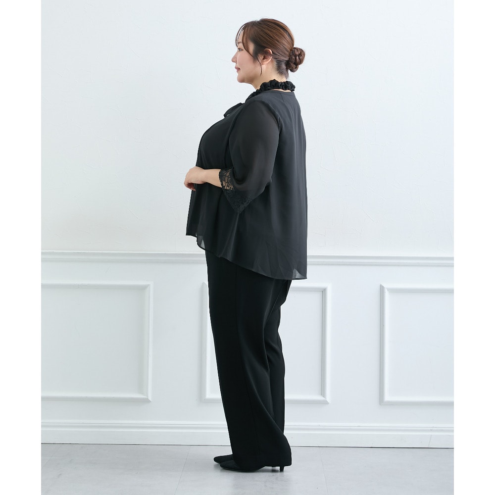 【喪服・礼服】<夏対応>胸当て付ノーカラージャケット+ワイドパンツスーツ 大きいサイズ19