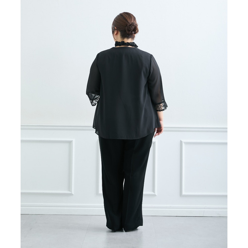 【喪服・礼服】<夏対応>胸当て付ノーカラージャケット+ワイドパンツスーツ 大きいサイズ20