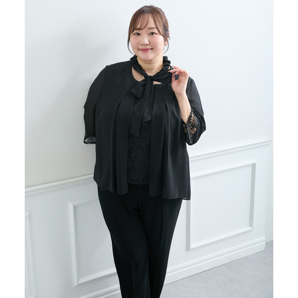 【喪服・礼服】<夏対応>胸当て付ノーカラージャケット+ワイドパンツスーツ 大きいサイズ21