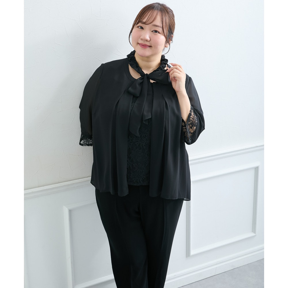 【喪服・礼服】<夏対応>胸当て付ノーカラージャケット+ワイドパンツスーツ 大きいサイズ22