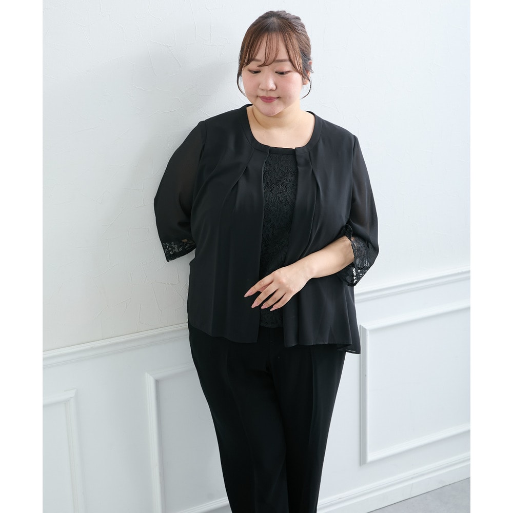 【喪服・礼服】<夏対応>胸当て付ノーカラージャケット+ワイドパンツスーツ 大きいサイズ23