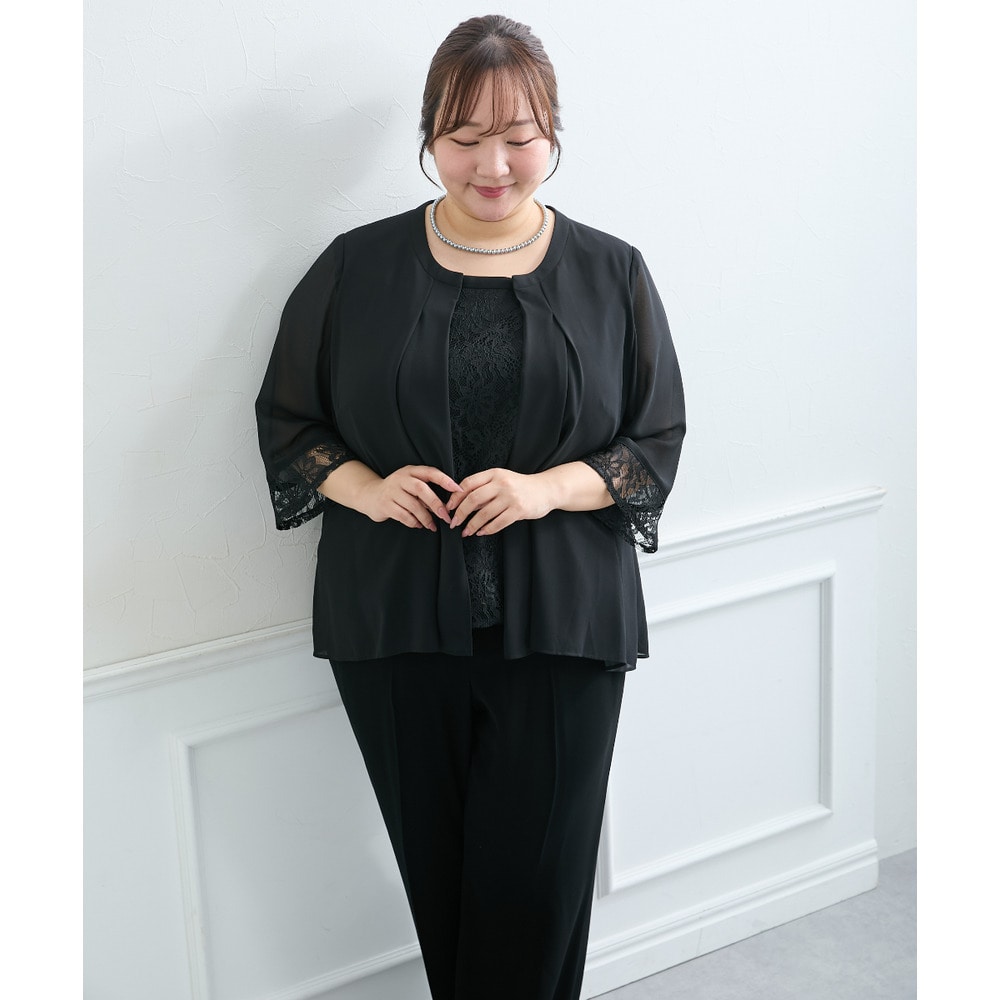 【喪服・礼服】<夏対応>胸当て付ノーカラージャケット+ワイドパンツスーツ 大きいサイズ24