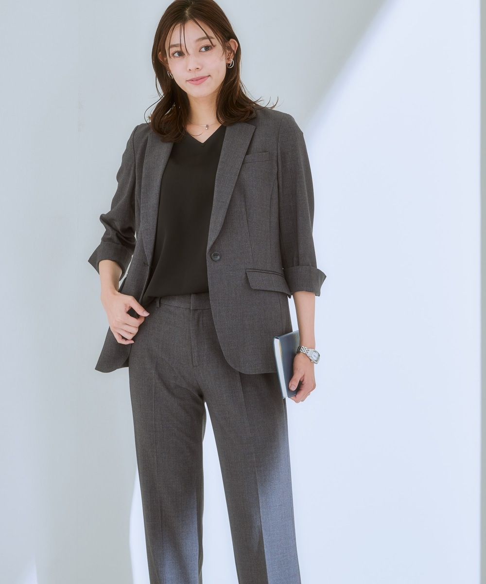 【レディーススーツ】パンツスーツ（７分袖テーラードジャケット＋ストレートパンツ）（タテヨコストレッチ素材） 大きいサイズ
