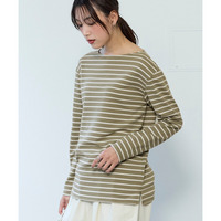 長袖ボートネックリップルボーダーゆるカットソートップス　大きいサイズ