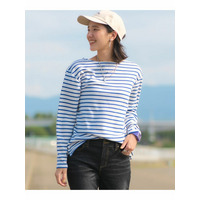 長袖ボートネックリップルボーダーゆるカットソートップス　大きいサイズ