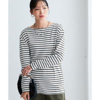 長袖ボートネックリップルボーダーゆるカットソートップス　大きいサイズ