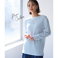 長袖ボートネックリップルボーダーゆるカットソートップス 大きいサイズ