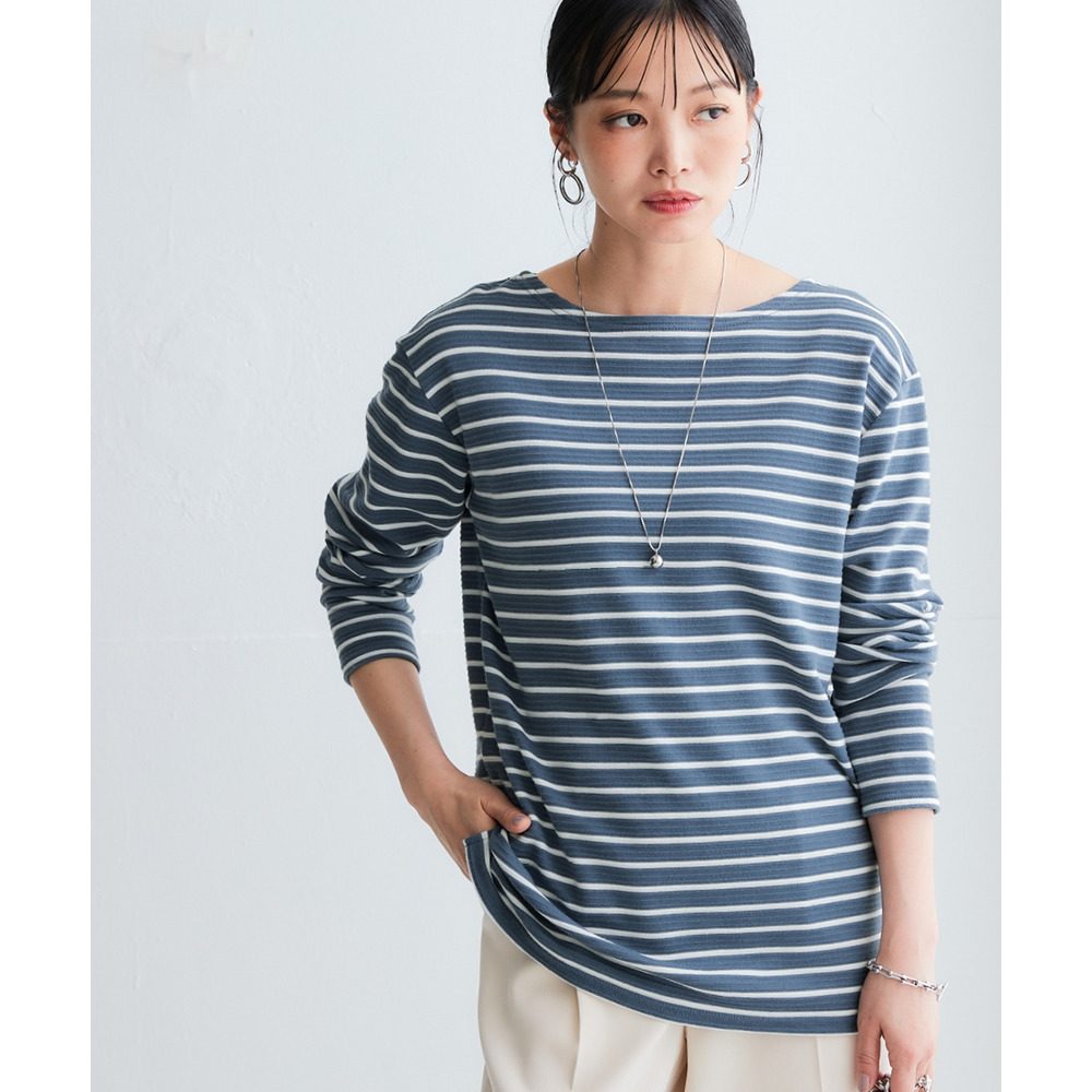 長袖ボートネックリップルボーダーゆるカットソートップス 大きいサイズ1