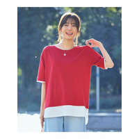 大きいサイズ　綿１００％汗染みしにくい５分袖重ね着風オーバーサイズＴシャツ（薄手素材）（フェイクレイヤード）