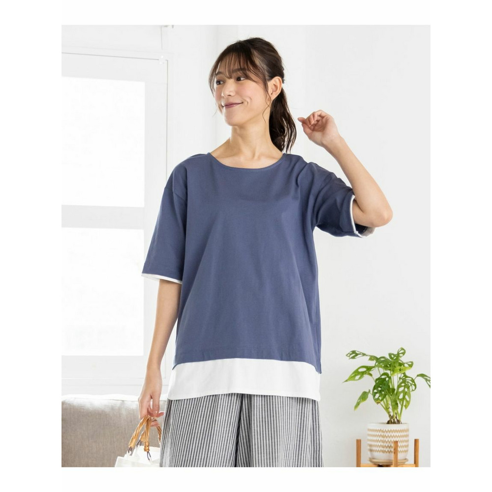 大きいサイズ　綿１００％汗染みしにくい５分袖重ね着風オーバーサイズＴシャツ（薄手素材）（フェイクレイヤード）20