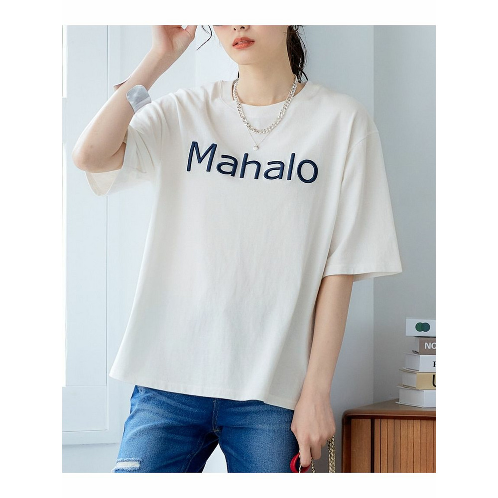 大きいサイズ　綿100％立体ロゴ刺しゅうルーズシルエットこなれTシャツ オフホワイト 1