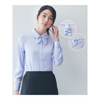 【事務服・会社制服】タイ2つ付き丸襟パウダーサテン長袖シャツ（抗菌防臭加工）（リボンタイ・フリルタイ付）　大きいサイズ