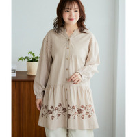 綿100％肌触り柔らか起毛刺しゅう使いビエラチュニックブラウス 大きいサイズ