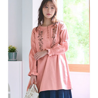 綿100％肌触り柔らか起毛刺しゅう使いビエラチュニックブラウス 大きいサイズ