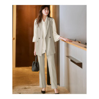 【レディーススーツ】ドビー素材ジレセットアップスーツ3点セット（Wブレストテーラードジレ＋五分袖ブラウス＋ストレートパンツ）　大きいサイズ