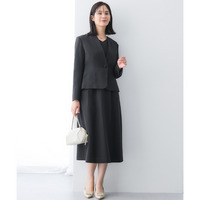 【レディーススーツ】キーネックジャケットアンサンブルスーツ（ジャケット+Vネック八分袖丈フレアワンピース）　大きいサイズ