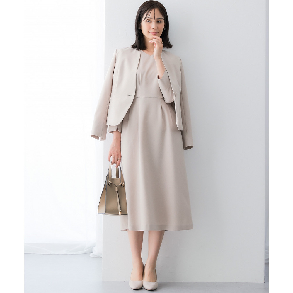 【レディーススーツ】キーネックジャケットアンサンブルスーツ(ジャケット+Vネック八分袖丈フレアワンピース) 大きいサイズ1