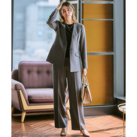 【レディーススーツ】洗えるウール調ストレッチワイドパンツスーツ（ロング丈ノーカラージャケット＋パンツ）　大きいサイズ