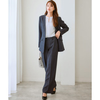 【レディーススーツ】洗えるウール調ストレッチワイドパンツスーツ（ロング丈ノーカラージャケット＋パンツ）　大きいサイズ