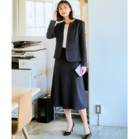 【レディーススーツ】洗えるウール調ストレッチロング丈マーメイドスカートスーツ（キーネックジャケット＋スカート）　大きいサイズ