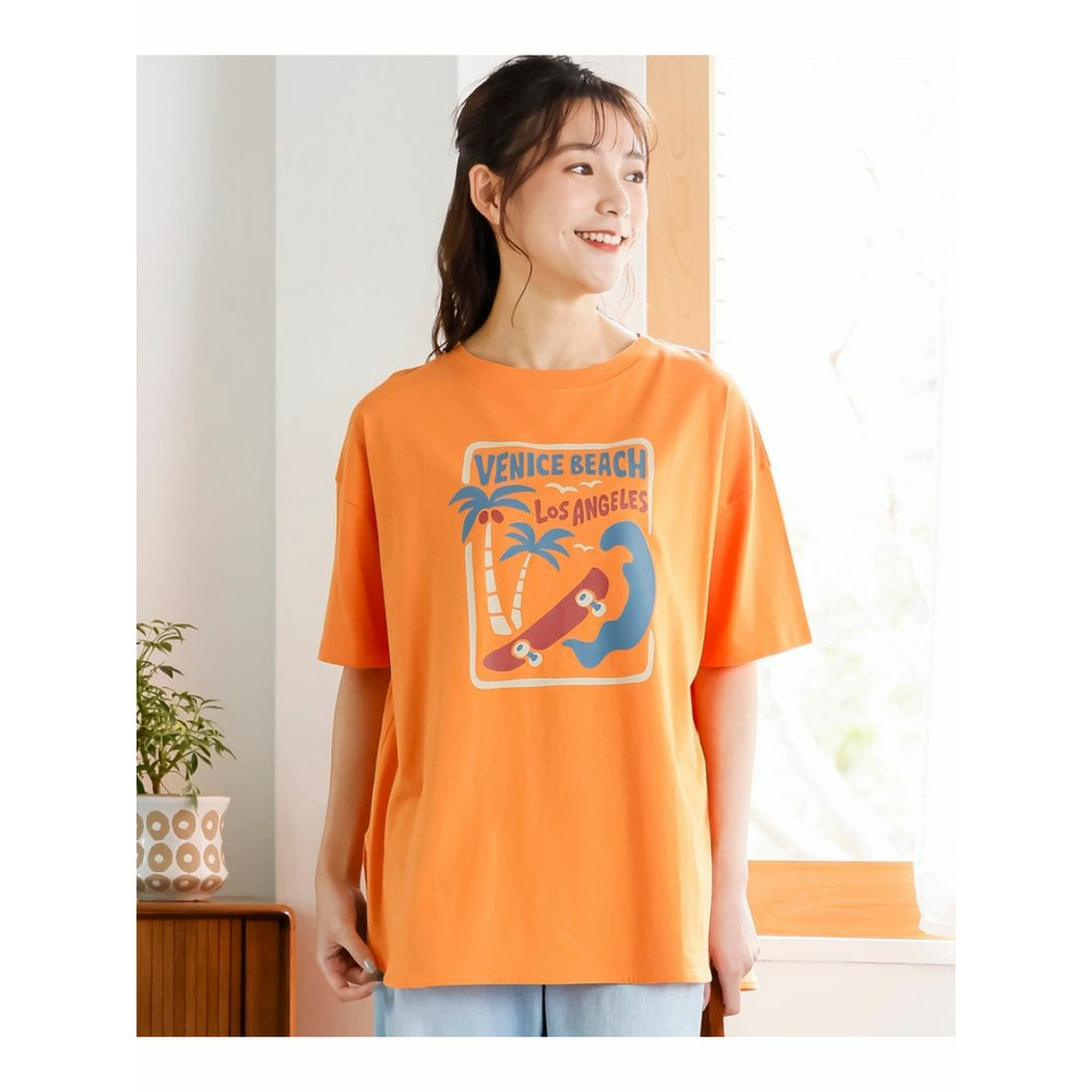 大きいサイズ　5分袖ビッグシルエットプリントチュニックＴシャツ（吸汗速乾） ピンク(チェック柄ロゴ) 1