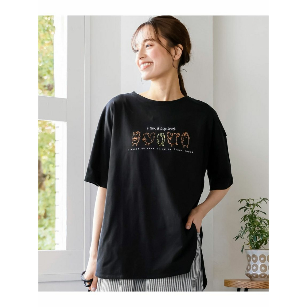 大きいサイズ　5分袖ビッグシルエットプリントチュニックＴシャツ（吸汗速乾） 黒(リス) 1