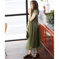 2点セット（フレンチスリーブチュールワンピース＋ノースリーブカットソーワンピース）　大きいサイズ