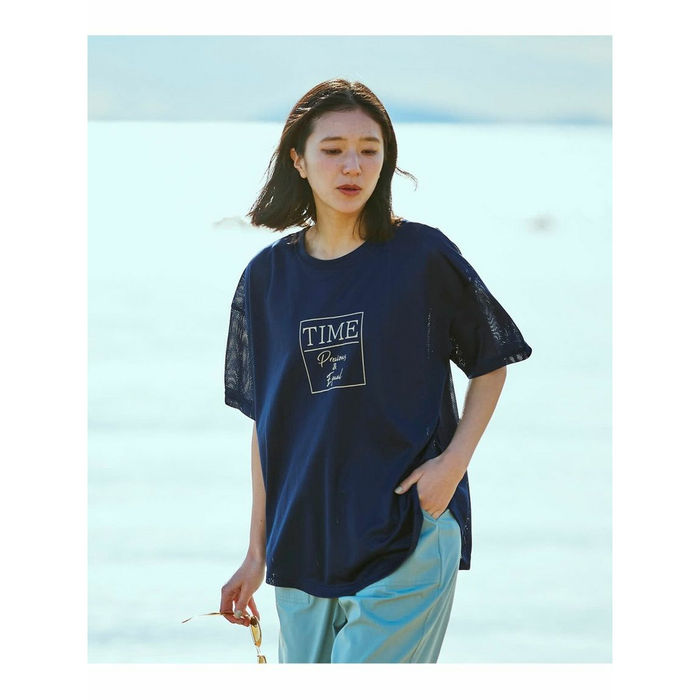 大きいサイズ 【水陸両用】オーバーサイズメッシュプリントTシャツ ネイビー 1