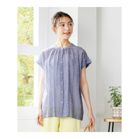 綿混涼やかフレンチスリーブギャザーシャツ（透け素材）　大きいサイズ