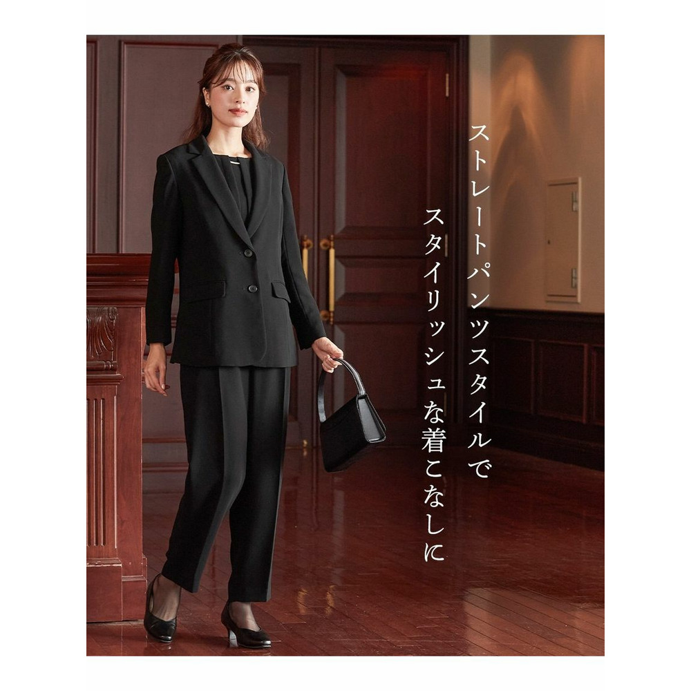 【大きいサイズ / 喪服・礼服】洗える防しわフォーマル3点セットスーツ（ロング丈テーラードジャケット＋パール調アクセサリー付前開きブラウス＋テーパードパンツ）4