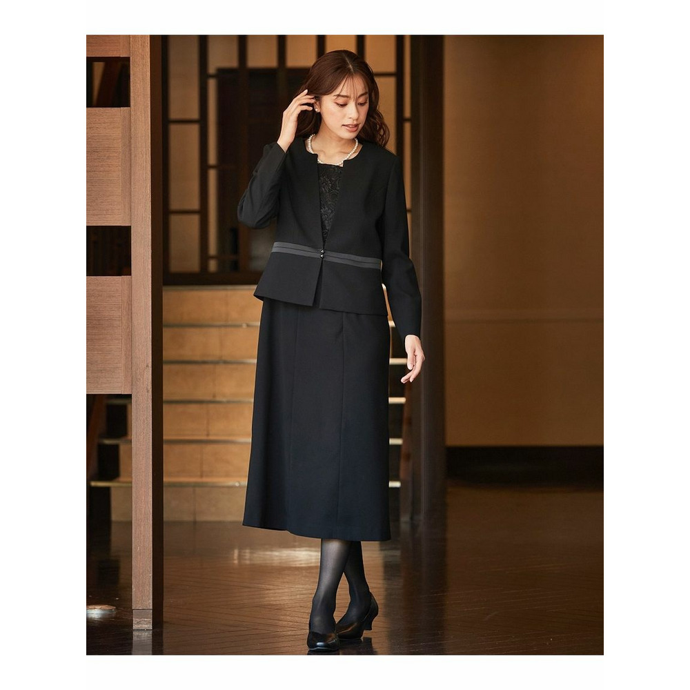 【大きいサイズ / 喪服・礼服】洗える防しわストレッチロング丈前開きワンピースアンサンブル（ノーカラージャケット＋レース使い前開きワンピース） 黒 1