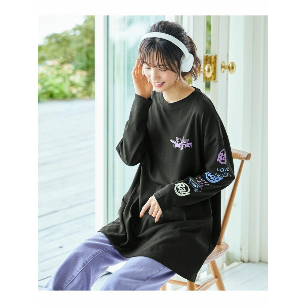 大きいサイズ　バスク素材綿混ビッグシルエットプリントチュニックTシャツ マスタード(ネコ) 1