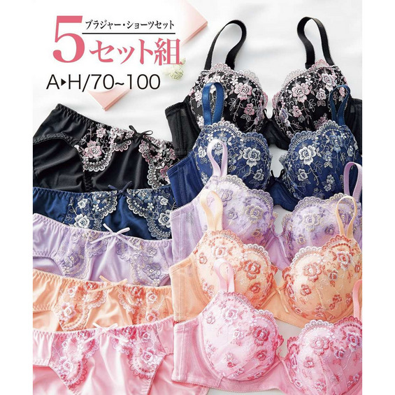 【大きいサイズ】小花柄刺しゅうブラジャーショーツ5セット組【アリノマ/Alinoma】