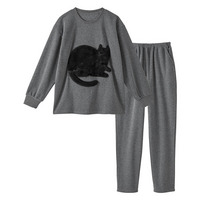 猫アップリケ付き裏起毛ルームウェア上下セット