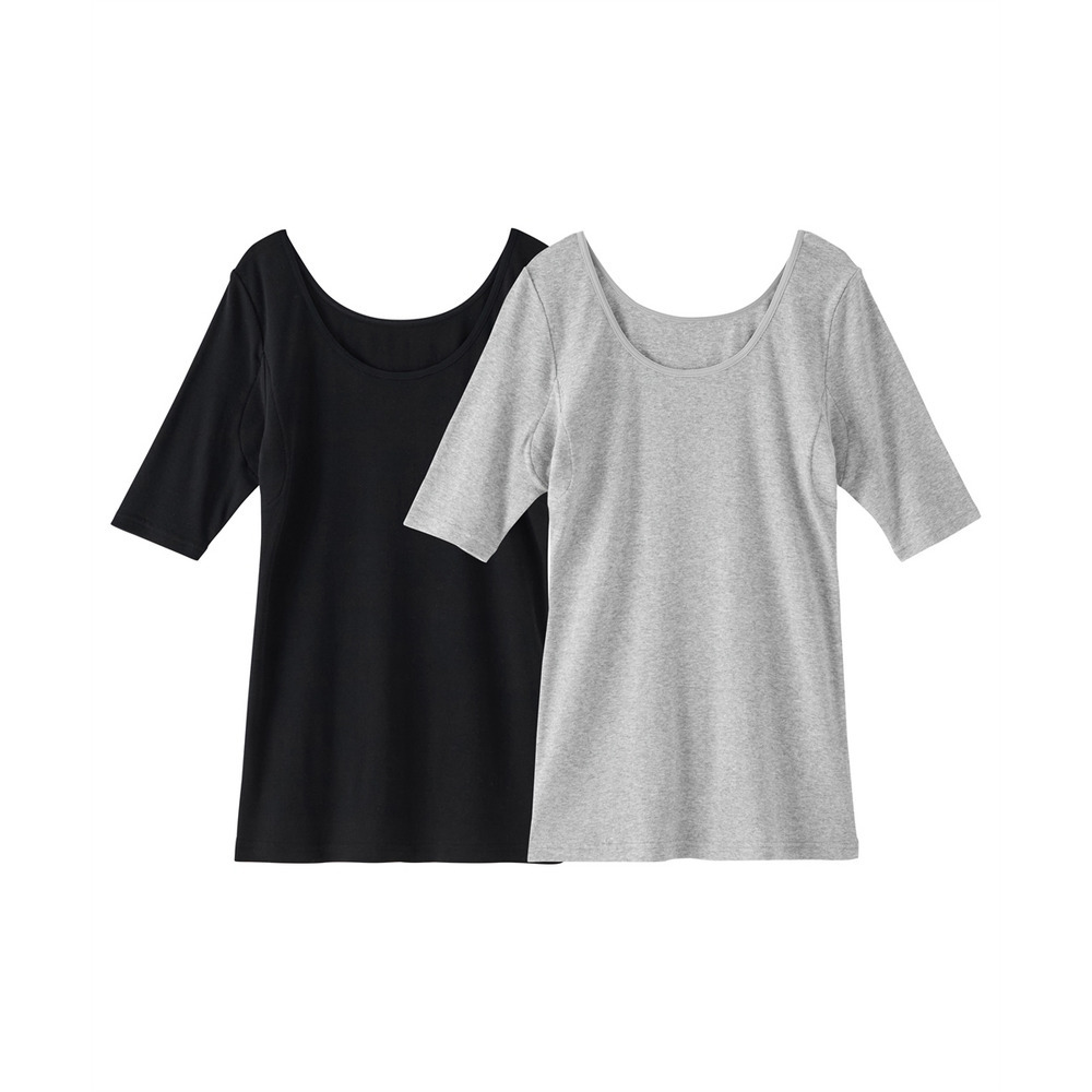 綿100%汗取りパッド付丈長め5分袖インナー2枚組1