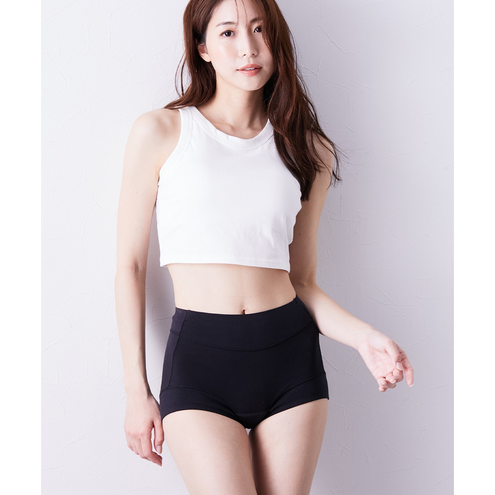 n,KURO 綿混ストレッチ お腹・脚口らくちん深ばき丈サニタリーショーツ選べる昼・夜用2枚組(羽付ナプキン対応)23