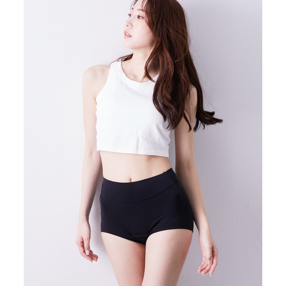 n,KURO 綿混ストレッチ お腹・脚口らくちん深ばき丈サニタリーショーツ選べる昼・夜用2枚組(羽付ナプキン対応)24