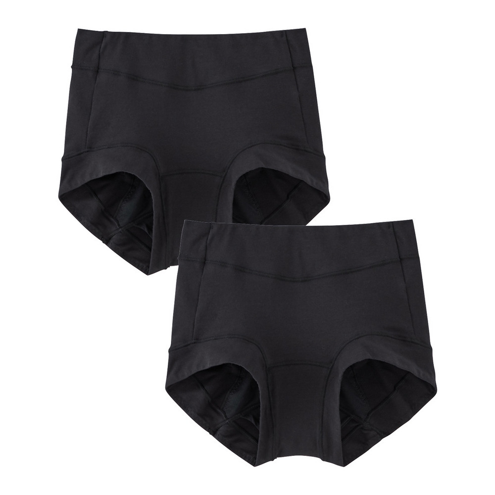 n,KURO 綿混ストレッチ お腹・脚口らくちん深ばき丈サニタリーショーツ選べる昼・夜用2枚組(羽付ナプキン対応)1