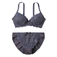 ダークカラー フロント総レース ノンワイヤーブラジャーショーツセット