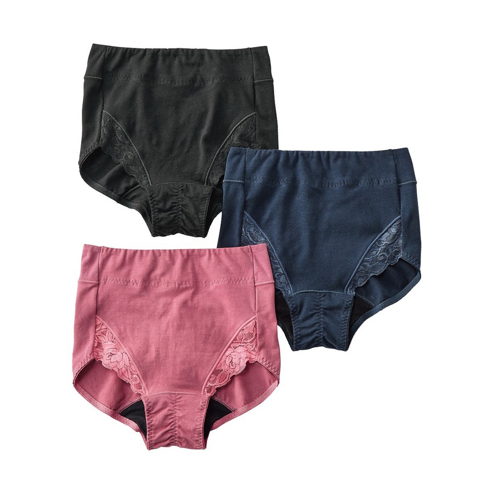 【365日使える】綿混ストレッチ ポケット付深ばき丈サニタリーショーツ昼用3枚組(日本製防水布 羽付ナプキン対応・抗菌防臭加工)1