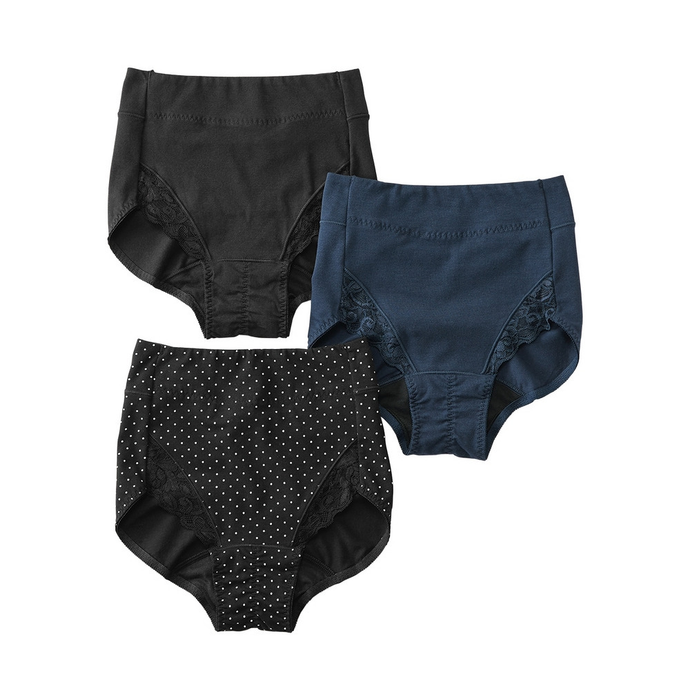 【365日使える】綿混ストレッチ ポケット付深ばき丈サニタリーショーツ昼用3枚組(日本製防水布 羽付ナプキン対応・抗菌防臭加工)1