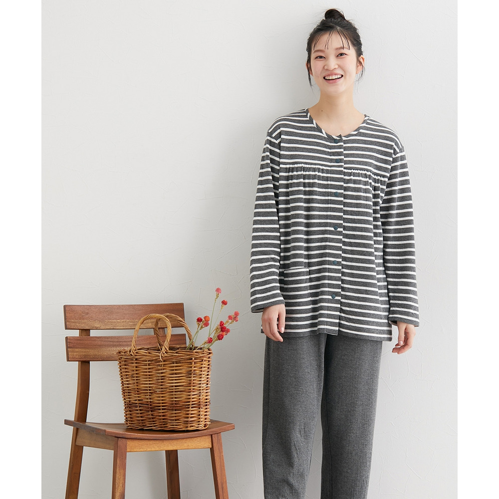 肌側綿100% やわらか接結スナップボタン前開きルームウェア上下セット10